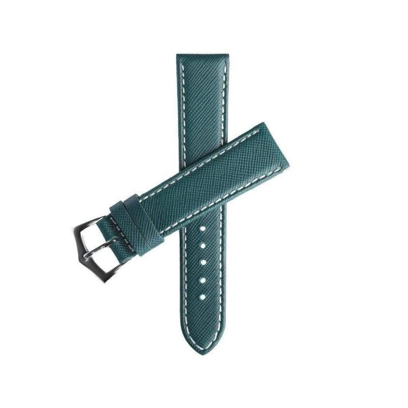 Green Saffiano Folded Edge White Stitches Watch Strap Green