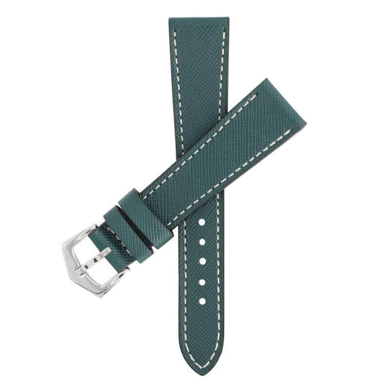 Green Saffiano  Leather Ecru Stitches  Watch Strap Green