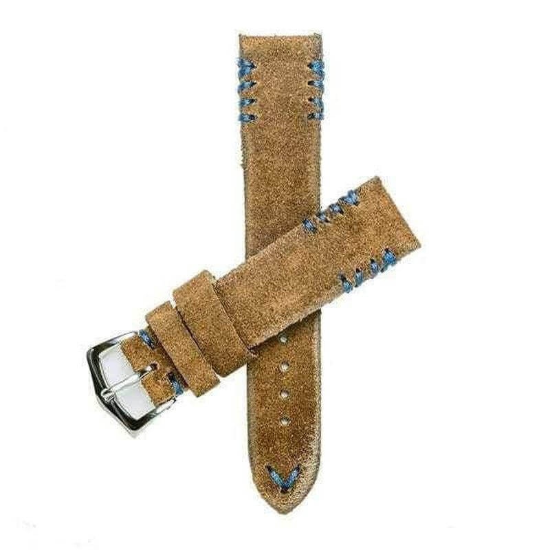 Brown Suede Vintage Watch Strap Blue Tribal Stitches Brown