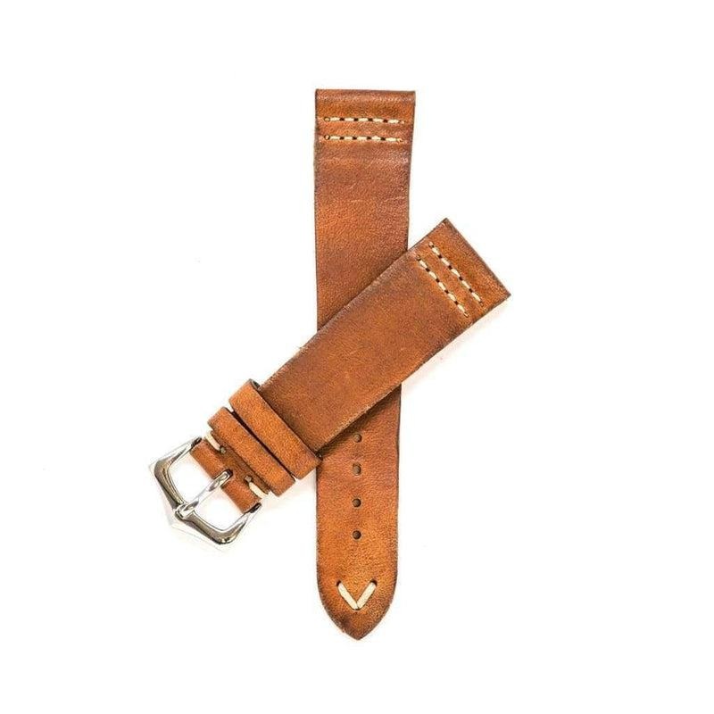 Cognac Vintage Leather Watch Strap Doble Stitches Brown