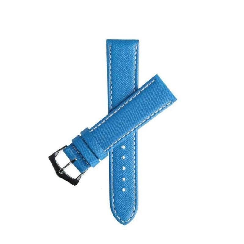 Light Blue Saffiano Folded Edge White Stitches Watch Strap Blue