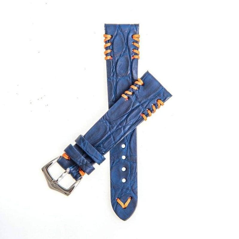 Blue Rubberized Crocodile Watch Strap Orange Tribal Stitches Blue