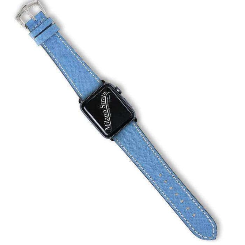 Apple Watch Leather Band  Light Blue Saffiano Ecru Stitches