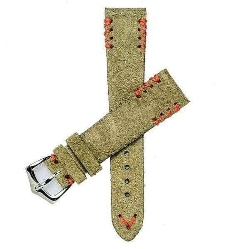 Military Green Suede Vintage Watch Strap Tribal Red Stitches Green