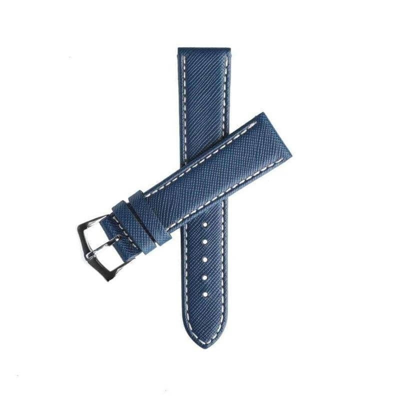Blue Saffiano Folded Edge White Stitches Watch Strap Blue