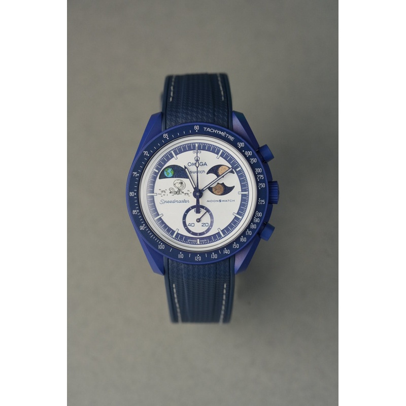 Rubber Curved Strap for Omega x Swatch MoonSwatch  Mission to EarthPhase Moonshine Gold  Navy with White Stitch