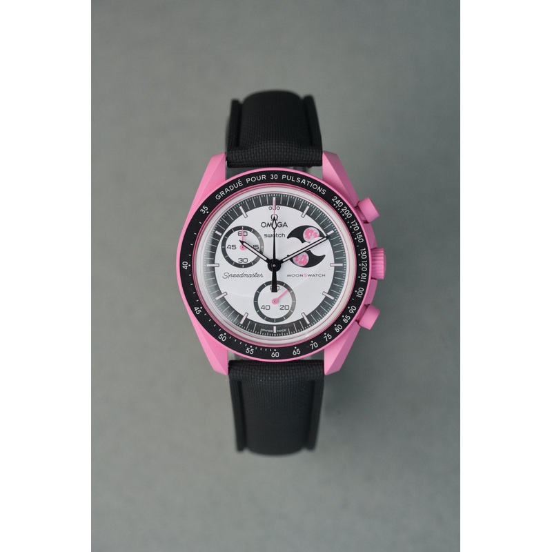 Sailcloth Effect FKM Rubber Strap with Deployant Clasp for Swatch x Omega MoonSwatch – Pink Moonphase – Black