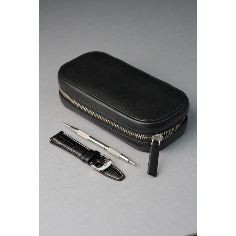 Two Watch Travel Case with Strap & Tool – Black Black