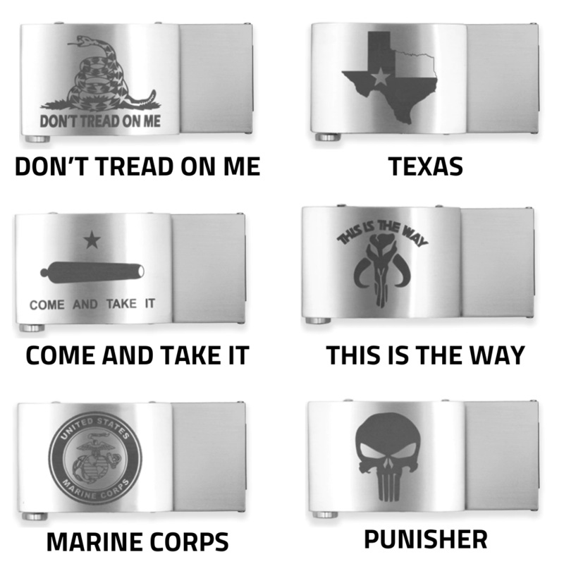 CUSTOM ENGRAVED X4 STAINLESS STEEL GUN BUCKLES 1.5″ [BUCKLE ONLY]