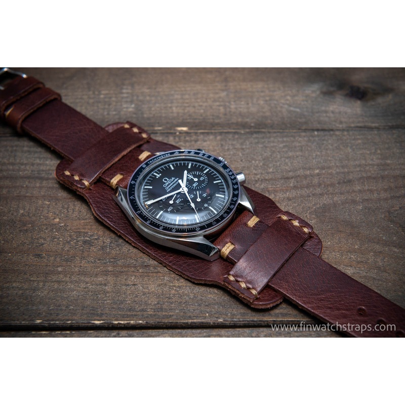 Bund-style Leather Watch Strap, Aviator model, Badalassi Tobacco wax