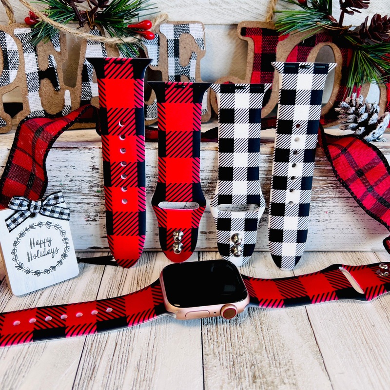 Bull Plaid Print Silicone Band For Apple Watch Two Colors Available Red Plaid