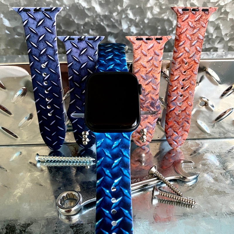Diamond Plated Steel Print Silicone Band For Apple Watch Multiple Colors Available Blue