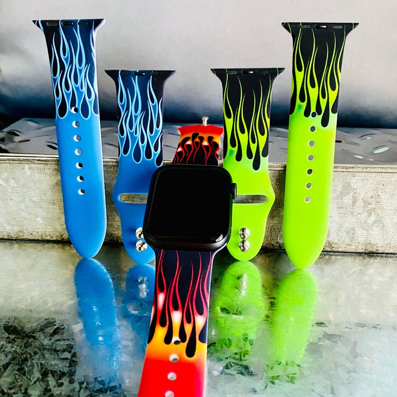 Hot Rod Flame Print Silicone Band For Apple Watch Red