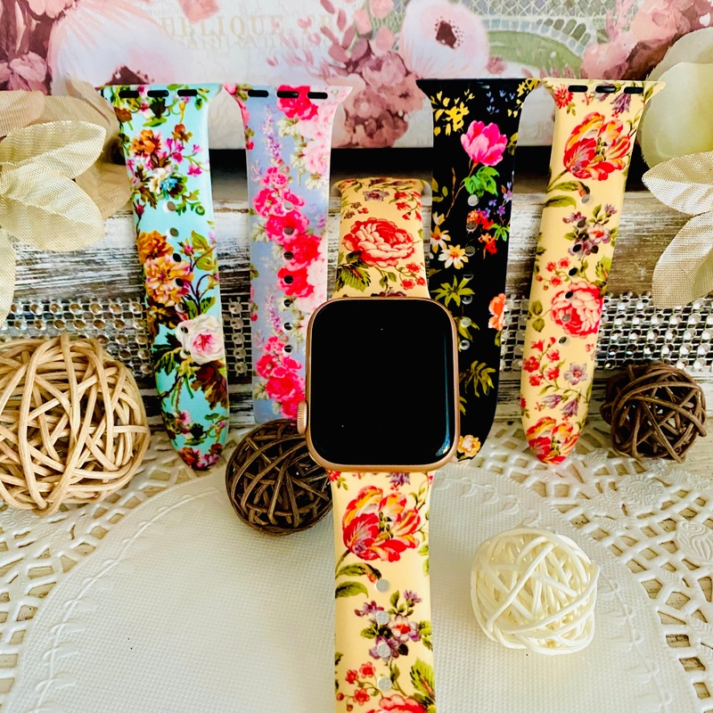 Vintage Floral Print Silicone Band For Apple Watch Multiple Colors Available Buttercup Yellow