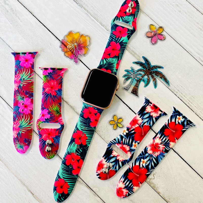 Hibiscus Print Silicone Band For Apple Watch Multiple Colors Available Blue