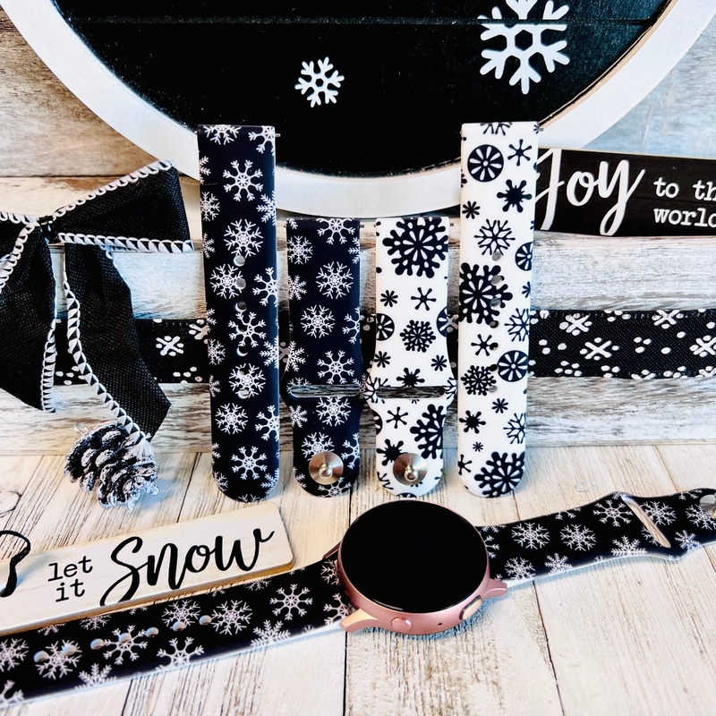 Black & White Snowflake Print Silicone Band For Samsung Watch Two Colors Available Black/White Snowflakes