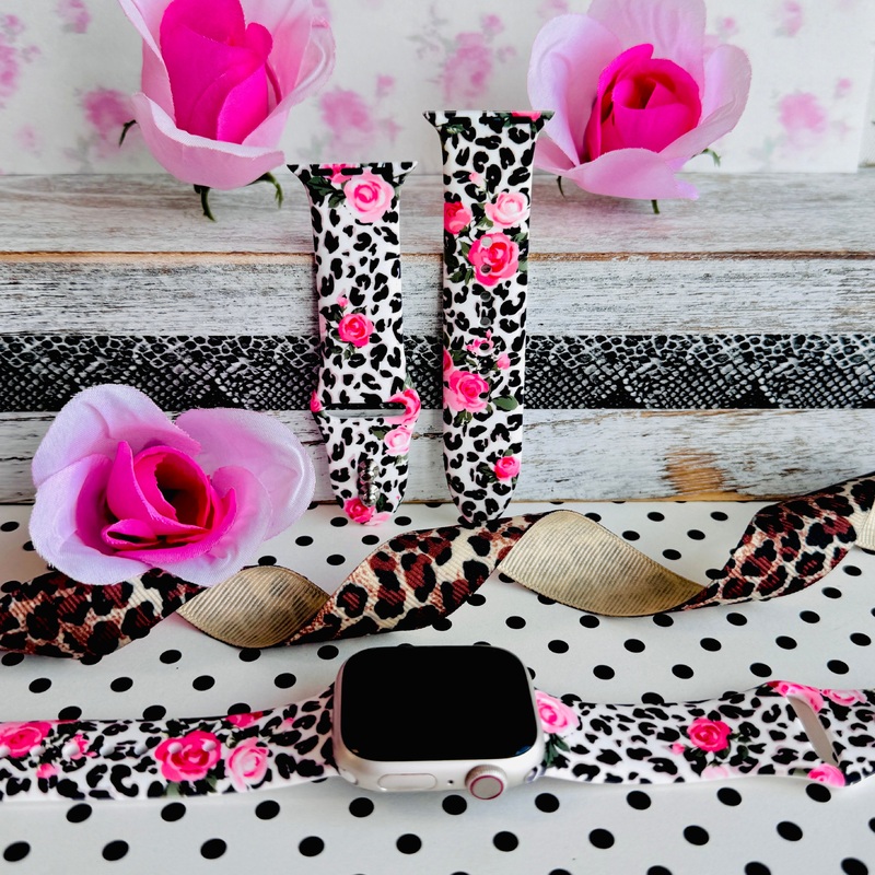 Chic Leopard Roses Print Silicone Band For Apple Watch