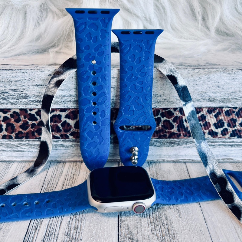 Engraved Blue Leopard Silicone Band For Apple Watch