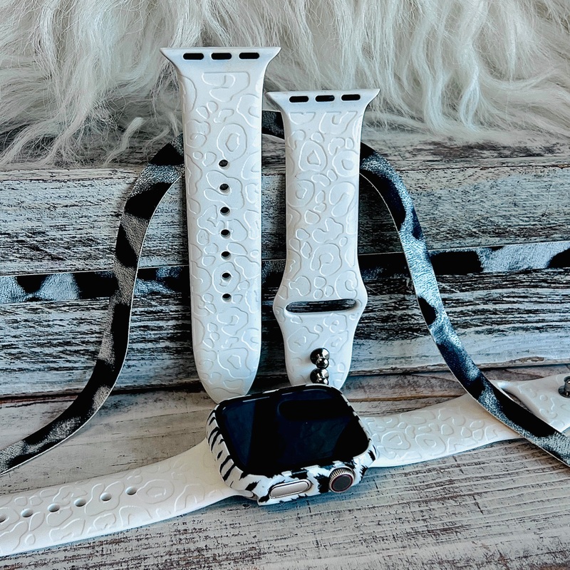 Engraved White Leopard Print Silicone Band For Apple Watch