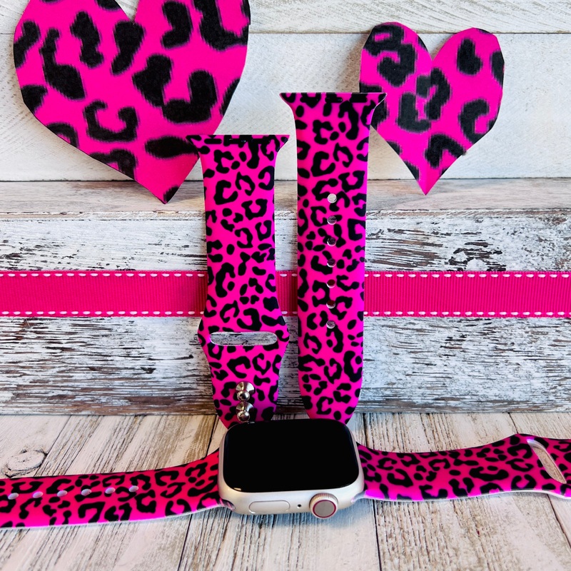 Barbiecore Pink Leopard Print Silicone Band For Apple Watch