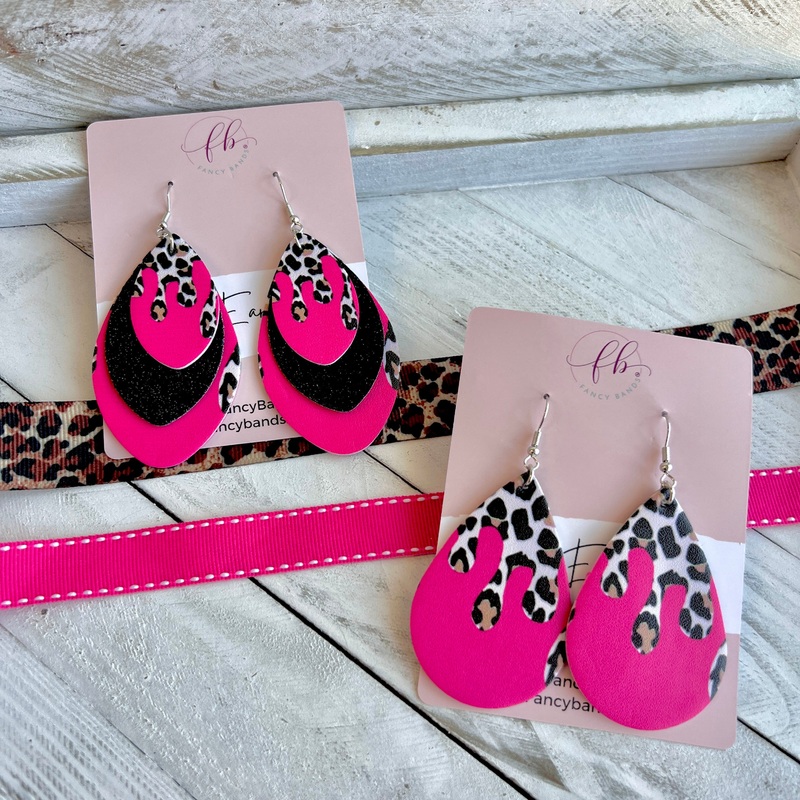 Barbie Pink Leopard Drip Faux Leather Teardrop Ear Bling Two Styles Available