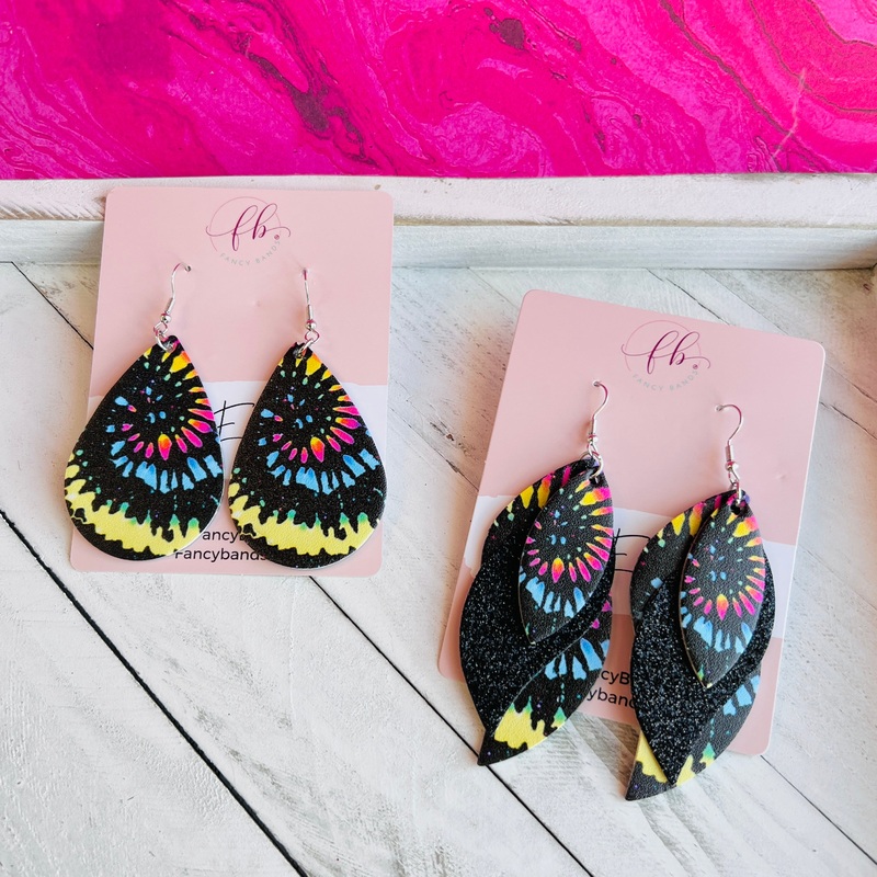 Black Tie Dye Faux Leather Teardrop Ear Bling Two Styles Available