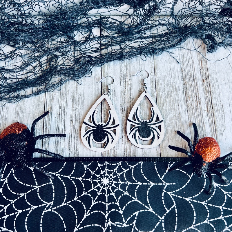 Spooky Spider Wooden Drop Ear Bling