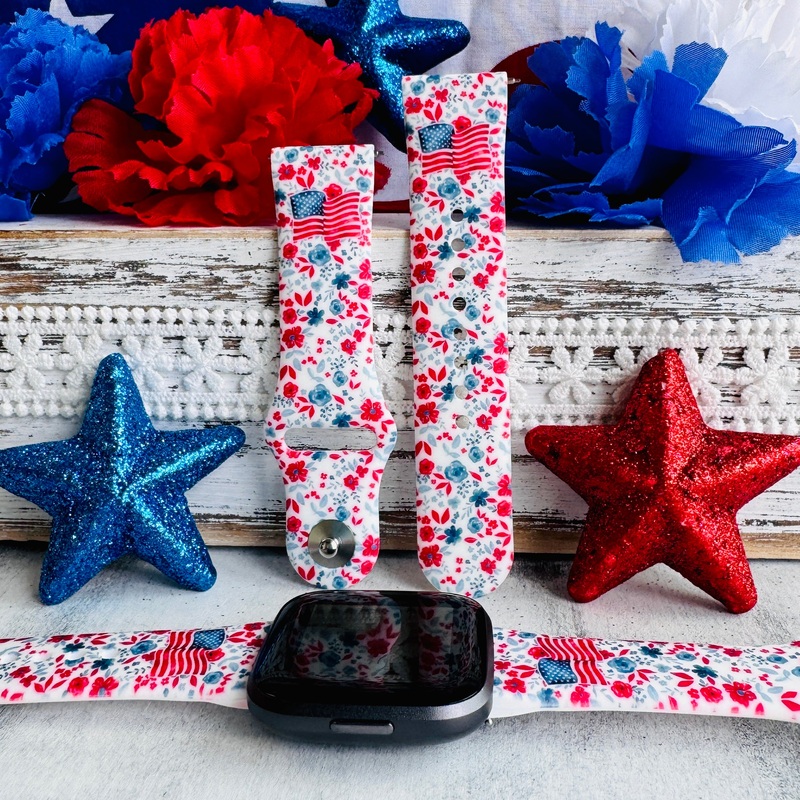 Red, White, & Bloom Print Silicone Band For Fitbit Versa 1/2