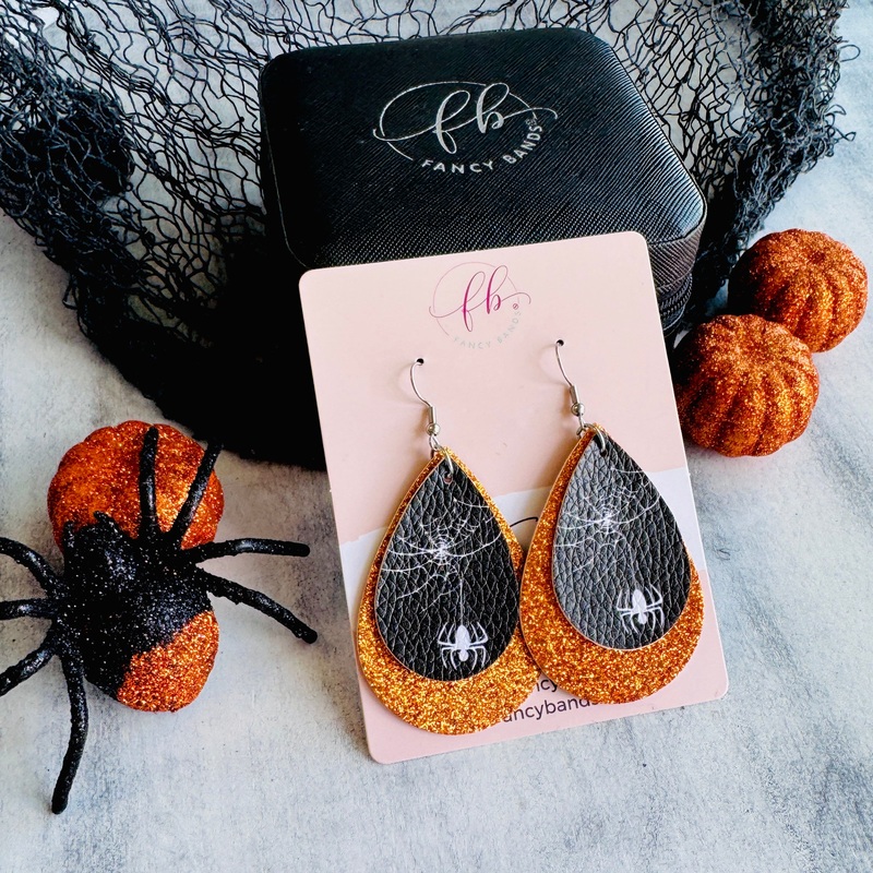 Orange Webbed Sparkle Double Layer Faux Leather Drop Ear Bling