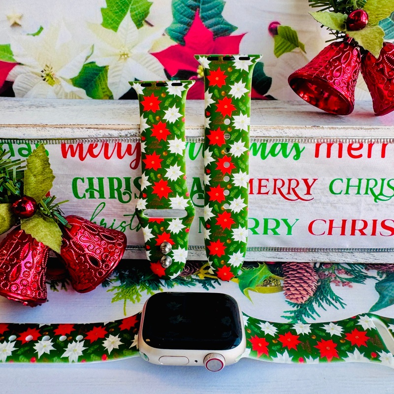 Poinsettia Pines Print Silicone Band For Apple Watch