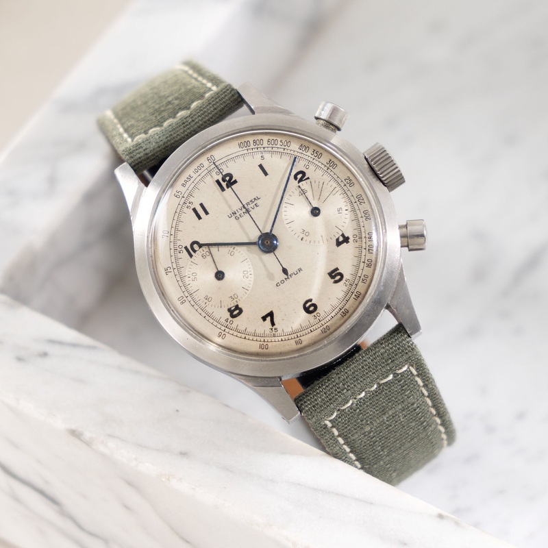 Universal Genve Compur Chronograph Steel Spillmann Case Silver Dial Ref 22409