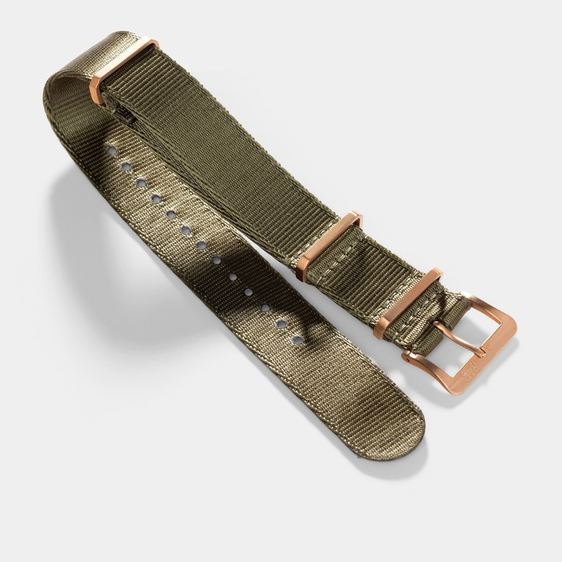 Deluxe Nylon Single Pass Watch Strap Olive Drab Green – Rose Gold Brushed