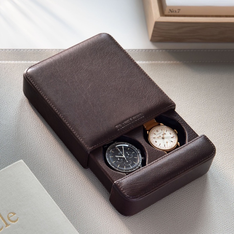 Dark Brown Leather 2 Watch Slider Box by JPM