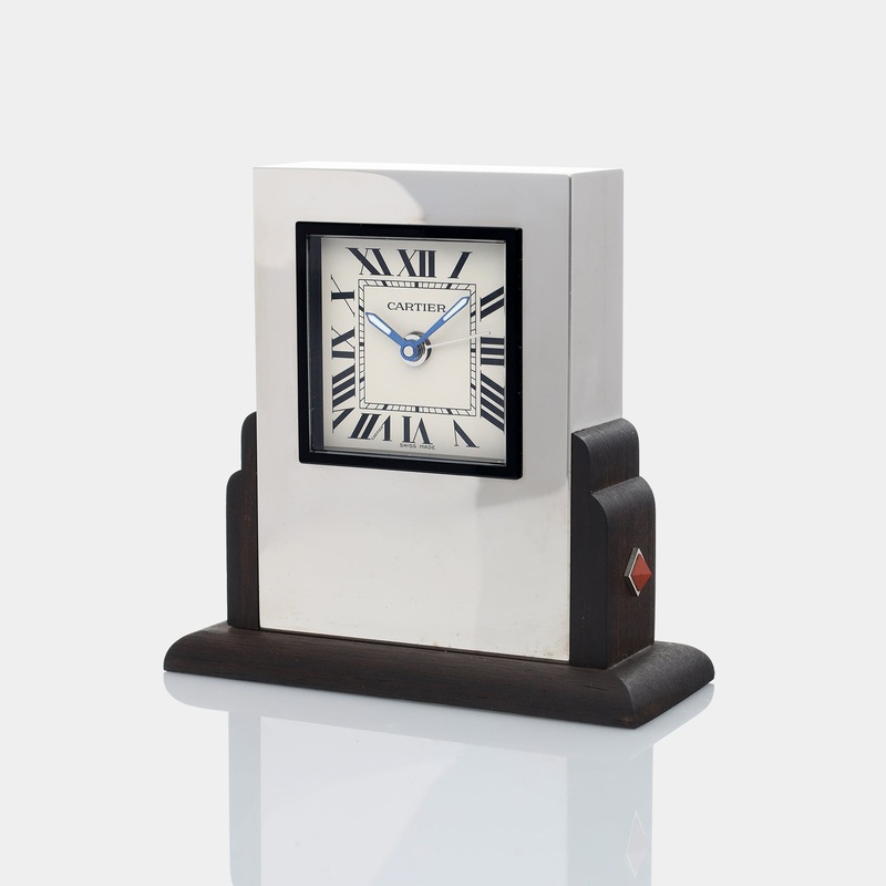 Cartier Art Deco Style Steel and Ebonized Wood ‘Pendulette Basculante’ Desk Clock