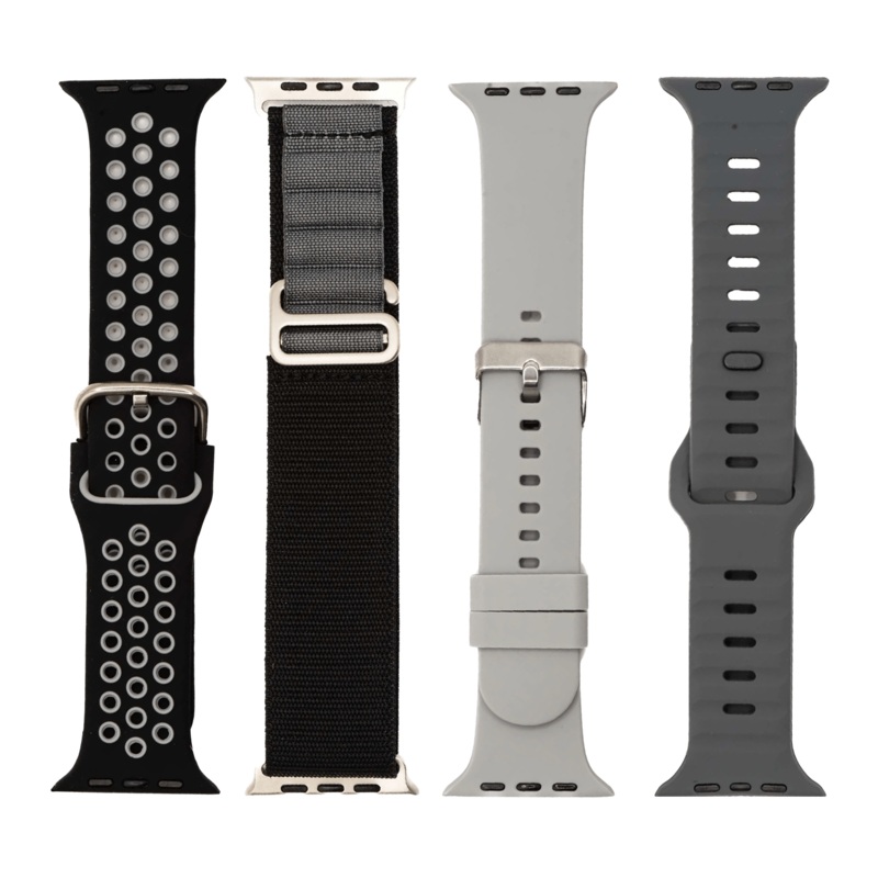 Apple Band – Monochrome – Essentials – 4 Pack Bundle Groove Gray – Multiloop B&G – Silicone Solid Gray – Silicone Sport B&G