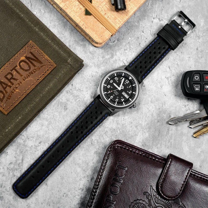 Black Blue Stitch Racing Horween Leather Watch Band (18mm SALE)