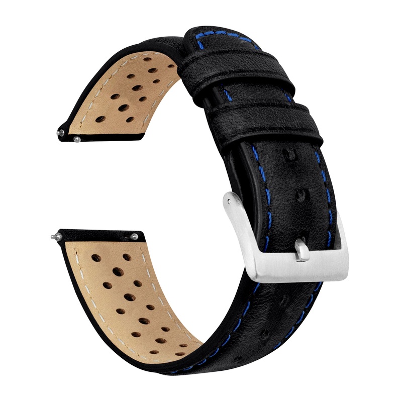 Black Blue Stitch Racing Horween Leather Watch Band (18mm SALE)