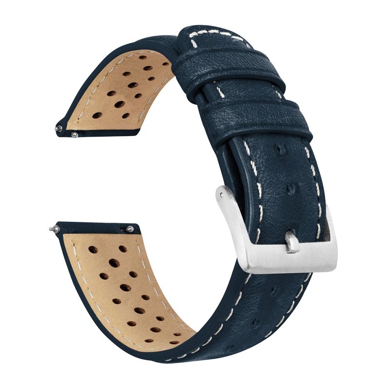 Navy Blue Linen Stitch Racing Horween Leather Watch Band (18mm SALE)