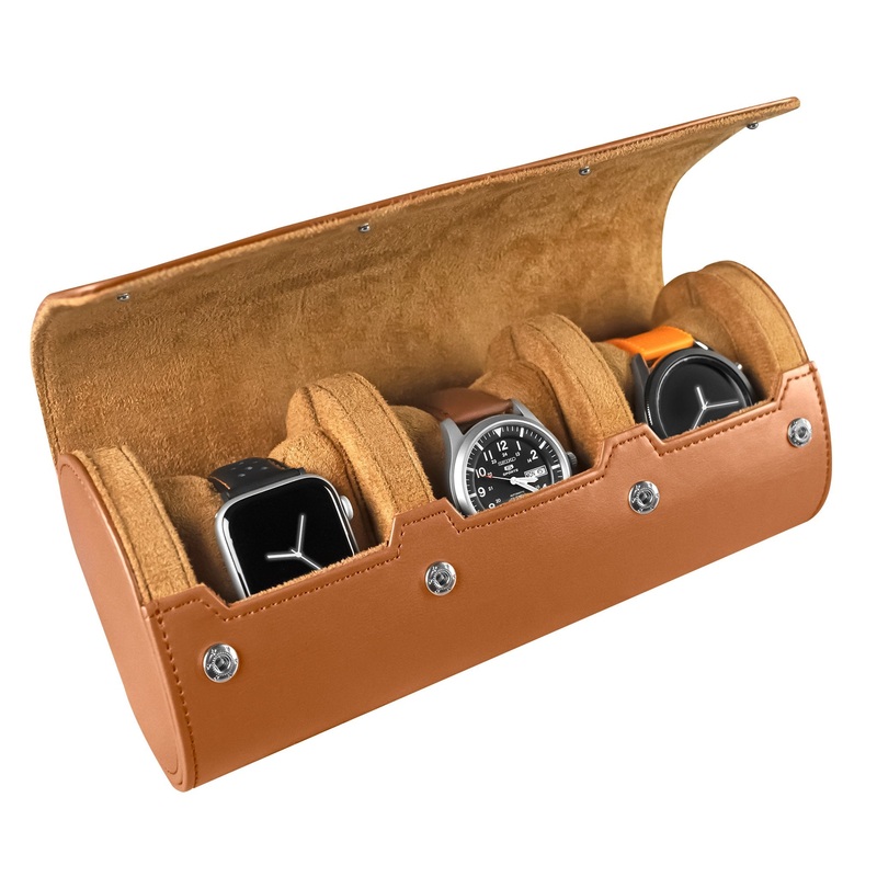 3 Watch Leather Watch Roll Travel Case Brown