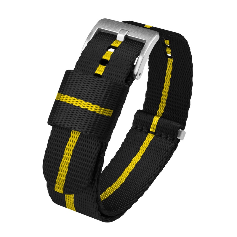 Black With Yellow Stripe Elite Nylon NATO style Watch Band (18mm, 24mm SALE)
