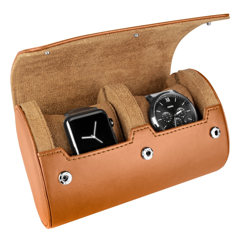 Double Recycled Leather Watch Roll Travel Case Brown