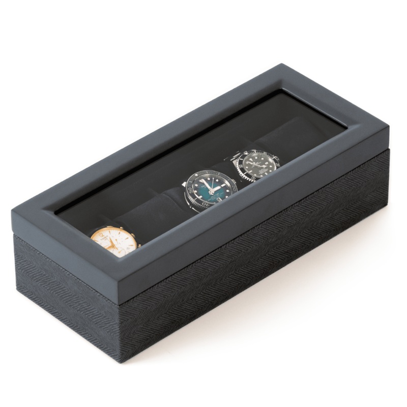 Herringbone Two-Toned Watch Box – 5 Slot Black & Herringbone