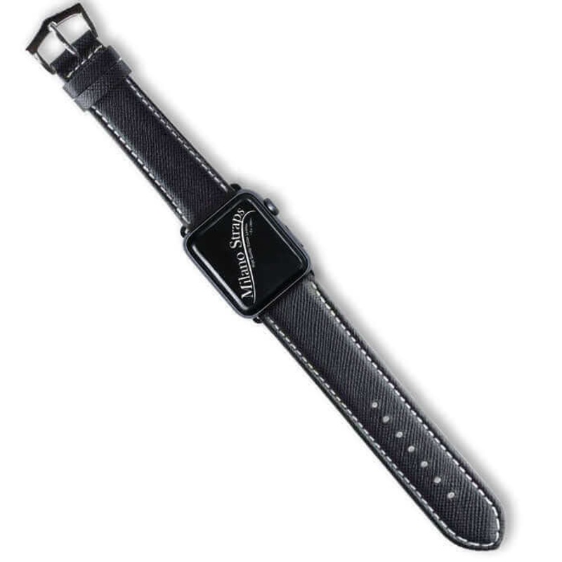 Apple Watch Leather Band  Black Saffiano Ecru Stitches