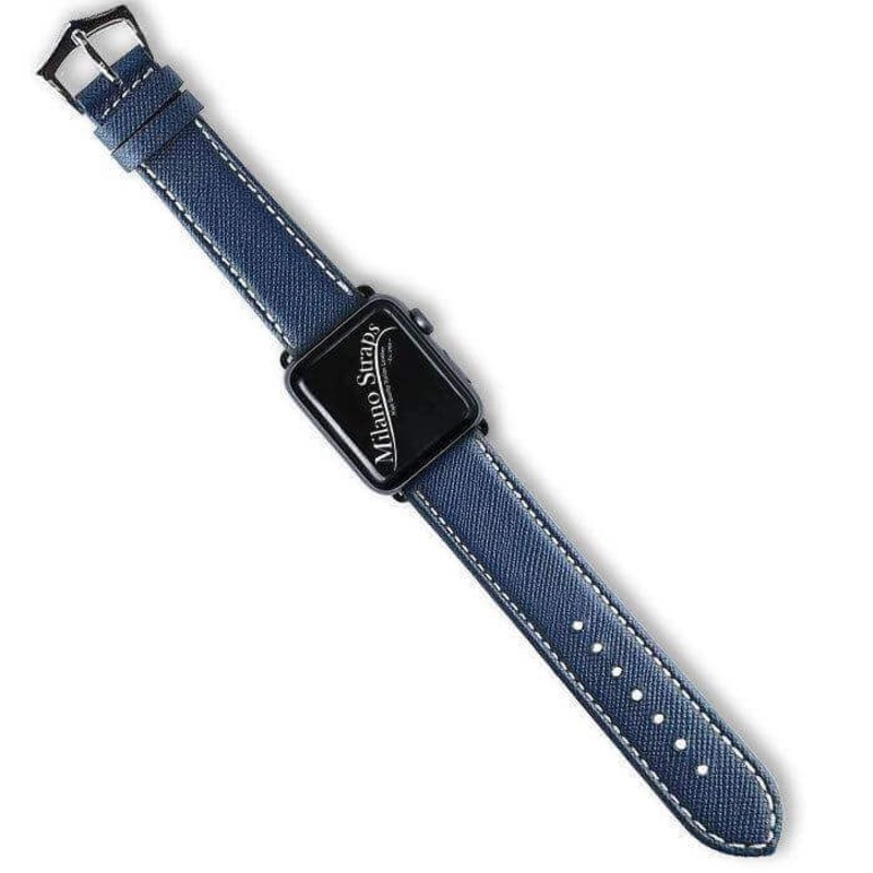 Apple Watch Leather Band  Blue Saffiano Ecru Stitches