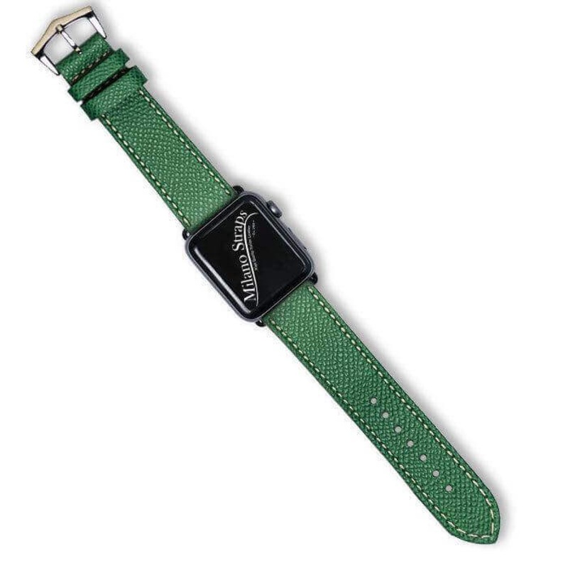 Apple Watch Leather Band  Hammered Green Ecru Stitches