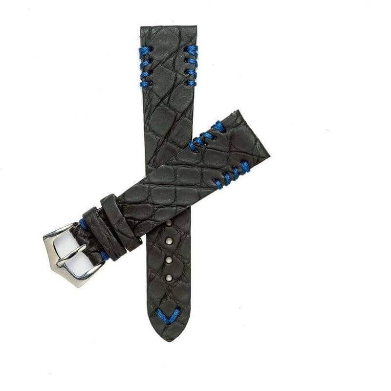 Black Rubberized Crocodile Watch Strap Blue Tribal Stitches